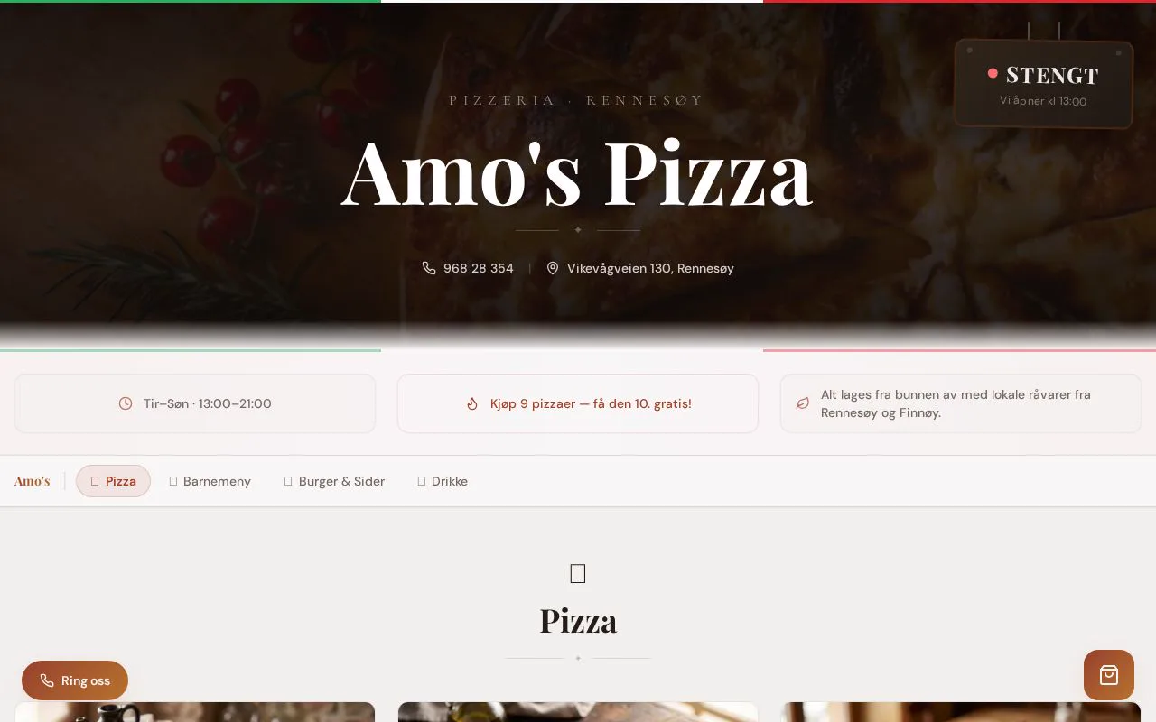 Amo's Pizza — forsiden til det publiserte prosjektet